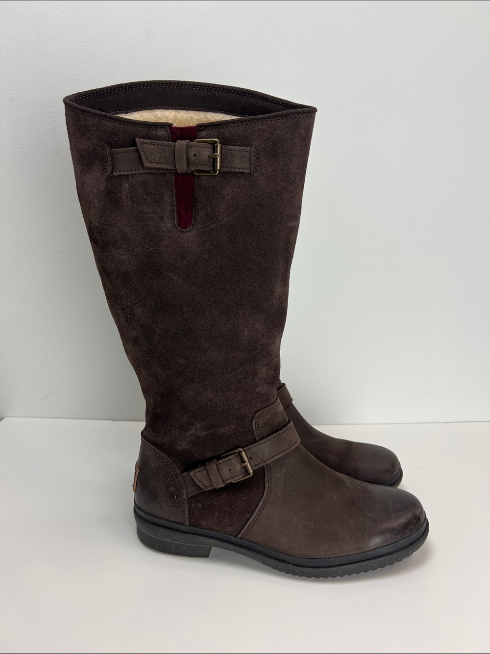 UGG Thomsen Tall Boots Brown Leather Rainboots Waterproof Wool Lined Womens 8